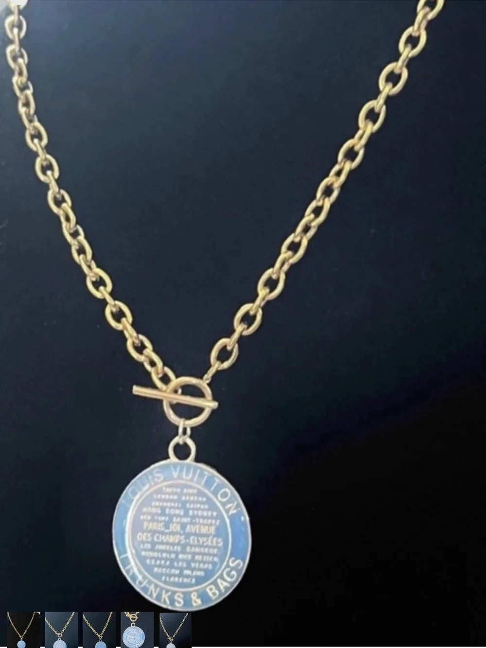 Louis Vuitton Gold Chain Necklace with Blue Medallion